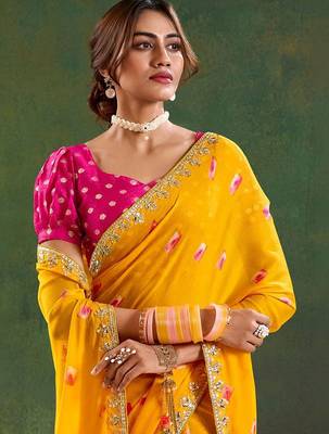 Yellow women geometric embellished sequinned  chiffon designer saree 2