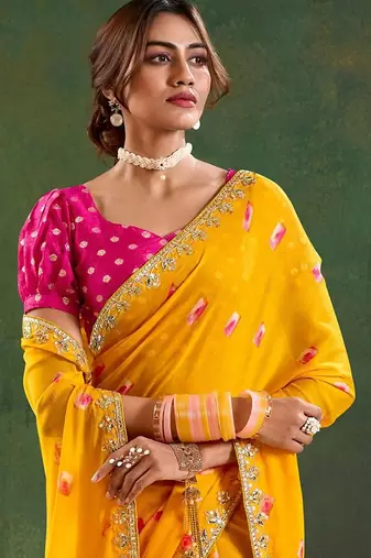 Yellow women geometric embellished sequinned  chiffon designer saree