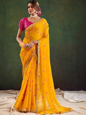Yellow women geometric embellished sequinned  chiffon designer saree 3