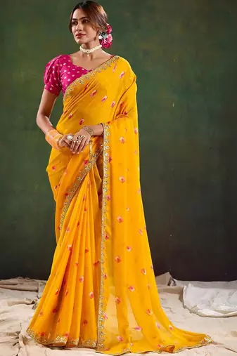 Yellow women geometric embellished sequinned  chiffon designer saree