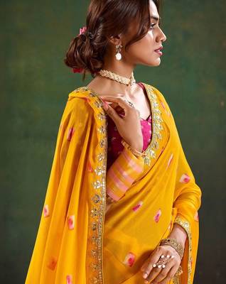 Yellow women geometric embellished sequinned  chiffon designer saree 4