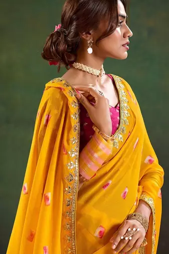 Yellow women geometric embellished sequinned  chiffon designer saree