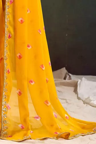 Yellow women geometric embellished sequinned  chiffon designer saree