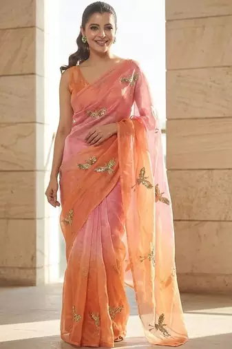 Peach embellished sarees with unstitched blouse piece