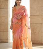 Peach embellished sarees with unstitched blouse piece