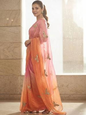 Peach embellished sarees with unstitched blouse piece 2