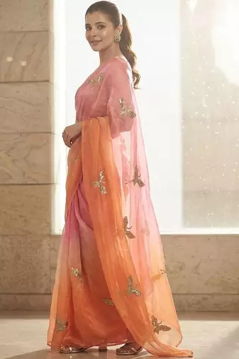 Peach embellished sarees with unstitched blouse piece