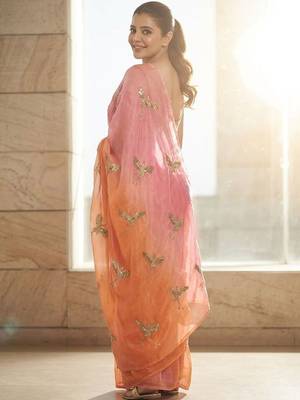 Peach embellished sarees with unstitched blouse piece 3
