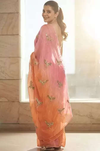Peach embellished sarees with unstitched blouse piece