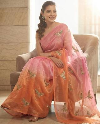 Peach embellished sarees with unstitched blouse piece 4