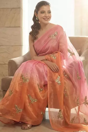 Peach embellished sarees with unstitched blouse piece