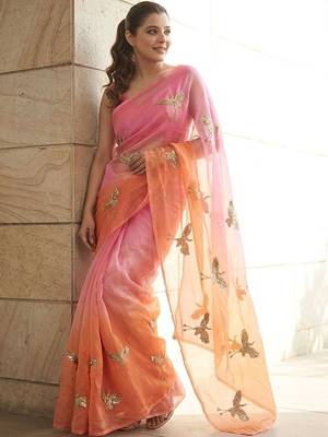 Peach embellished sarees with unstitched blouse piece 5