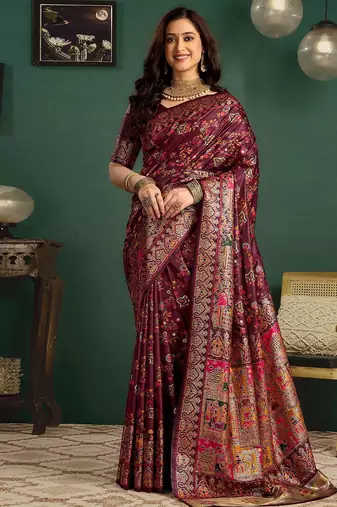 Maroon woven design printed tussar saree with unstiched blouse piece