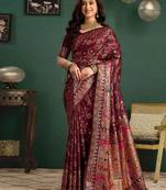 Maroon woven design printed tussar saree with unstiched blouse piece