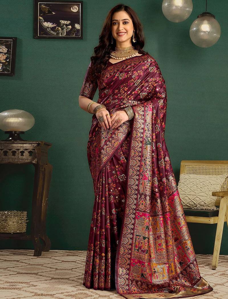 Maroon woven design printed tussar saree with unstiched blouse piece