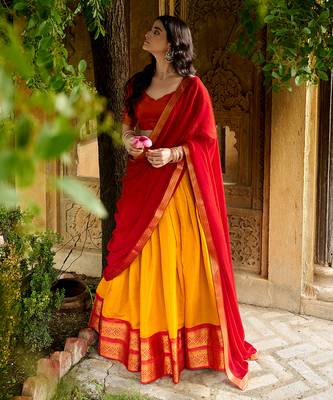 Ethnic Kanchipuram Silk Zari Border Lehenga Set 3