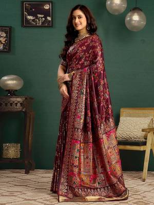 Maroon woven design printed tussar saree with unstiched blouse piece 2