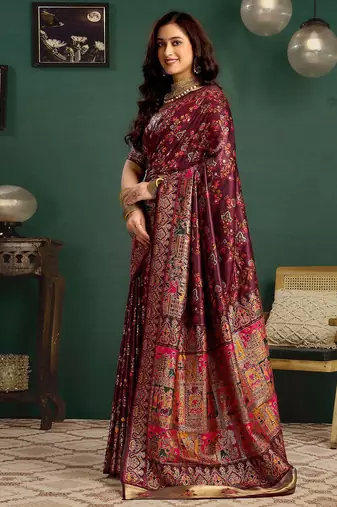 Maroon woven design printed tussar saree with unstiched blouse piece