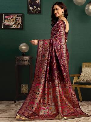 Maroon woven design printed tussar saree with unstiched blouse piece 3