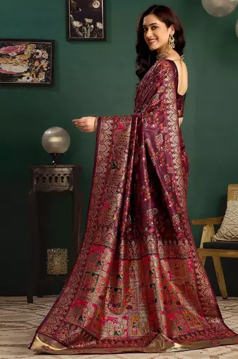 Maroon woven design printed tussar saree with unstiched blouse piece