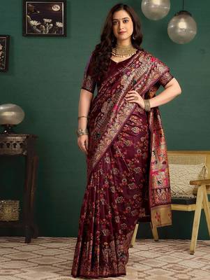 Maroon woven design printed tussar saree with unstiched blouse piece 4