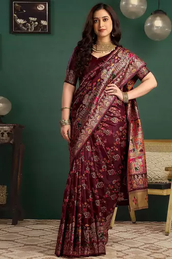 Maroon woven design printed tussar saree with unstiched blouse piece