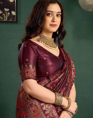 Maroon woven design printed tussar saree with unstiched blouse piece 5