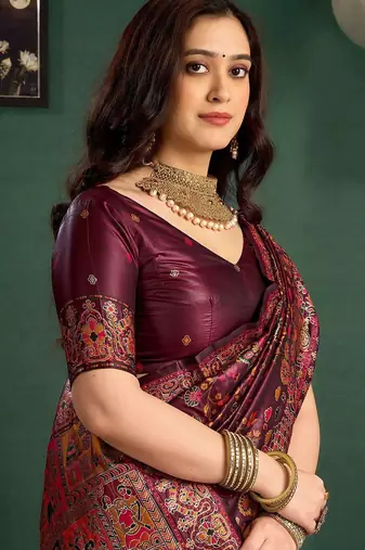 Maroon woven design printed tussar saree with unstiched blouse piece
