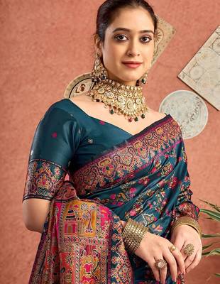 Blue women paisely printed saree with blouse 1