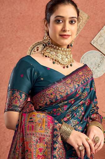 Blue women paisely printed saree with blouse