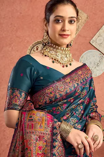 Blue women paisely printed saree with blouse