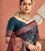 Blue women paisely printed saree with blouse