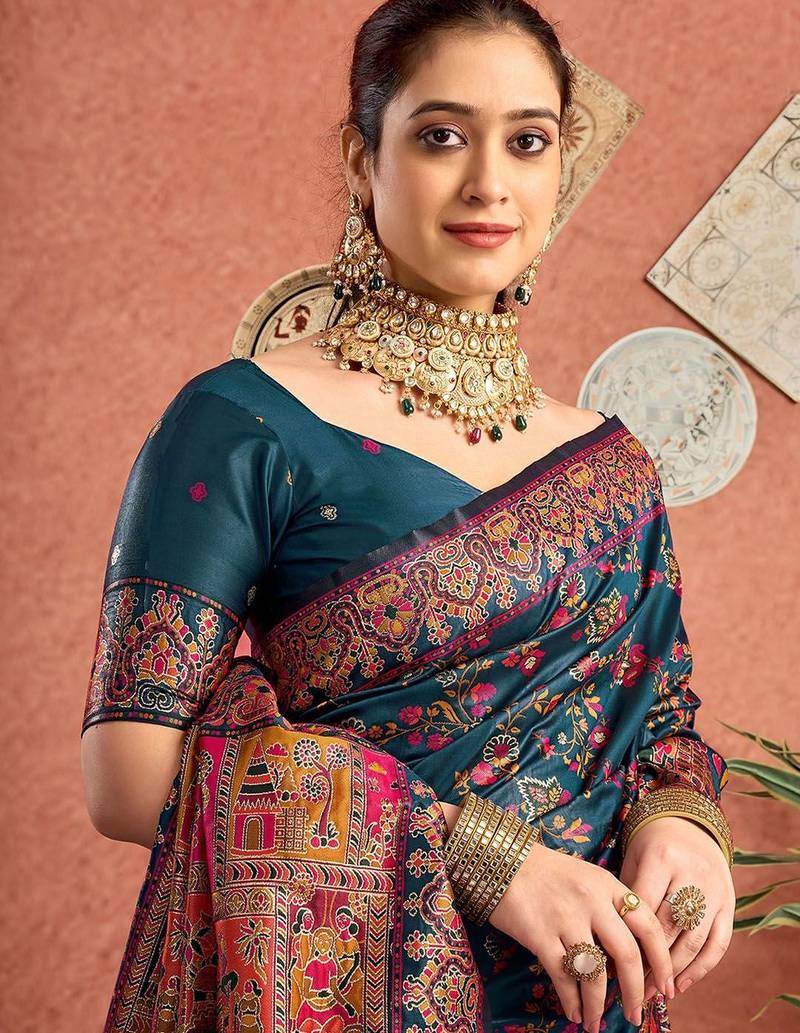 Blue women paisely printed saree with blouse