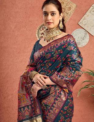 Blue women paisely printed saree with blouse 2