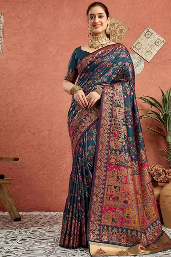 Blue women paisely printed saree with blouse