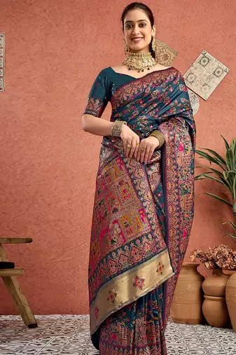Blue women paisely printed saree with blouse
