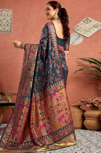 Blue women paisely printed saree with blouse