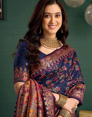 Blue woven design saree with blouse piece 1