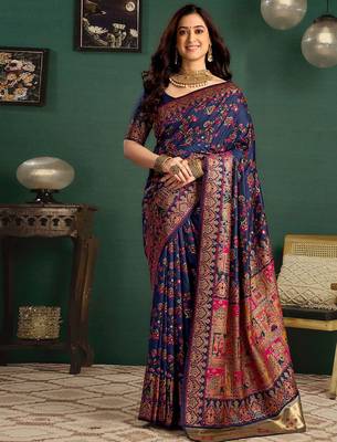 Blue woven design saree with blouse piece 2
