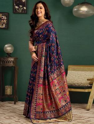 Blue woven design saree with blouse piece 3