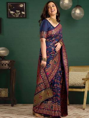 Blue woven design saree with blouse piece 4
