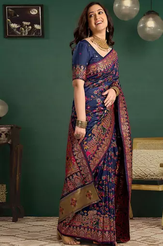 Blue woven design saree with blouse piece