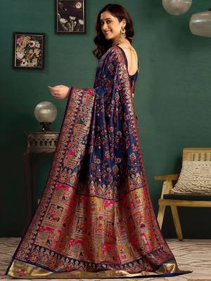 Blue woven design saree with blouse piece 5