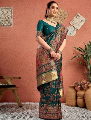 Green woven design tussar saree with blouse 3