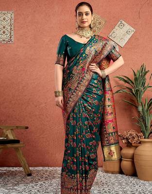 Green woven design tussar saree with blouse 4