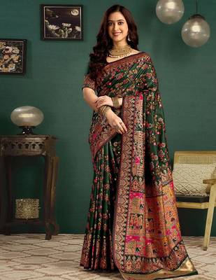 Green woven design printed saree with blouse 1