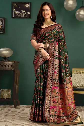 Green woven design printed saree with blouse