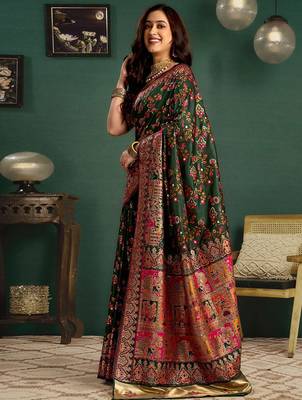 Green woven design printed saree with blouse 2