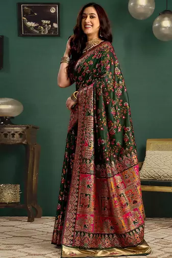 Green woven design printed saree with blouse