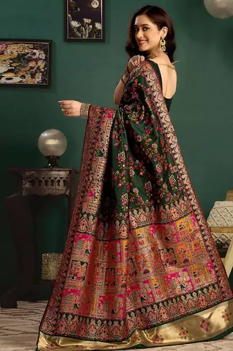 Green woven design printed saree with blouse